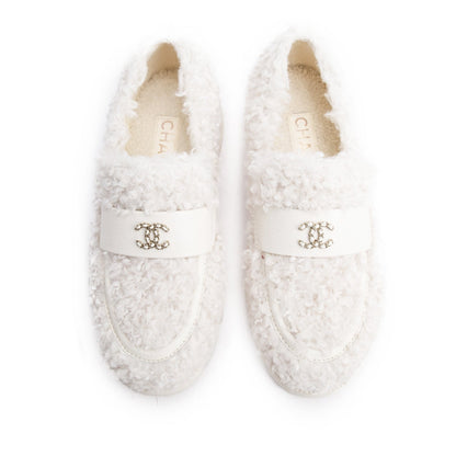 Chanel White Shearling Interlocking CC Logo Loafer, Size 37