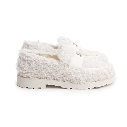 Chanel White Shearling Interlocking CC Logo Loafer, Size 37