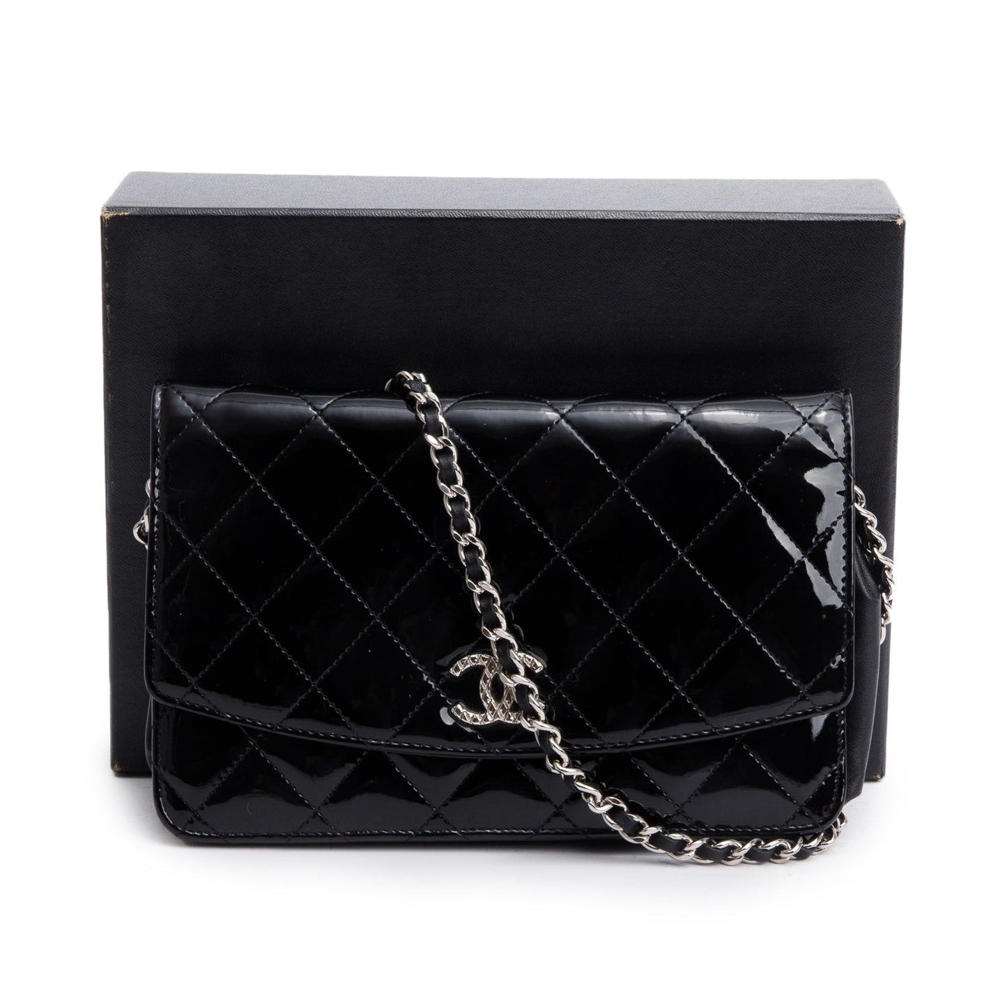 Chanel Black Quilted Patent Leather Classic Wallet on Chain