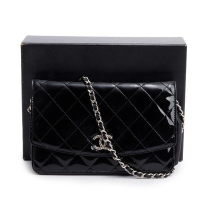 Chanel Black Quilted Patent Leather Classic Wallet on Chain