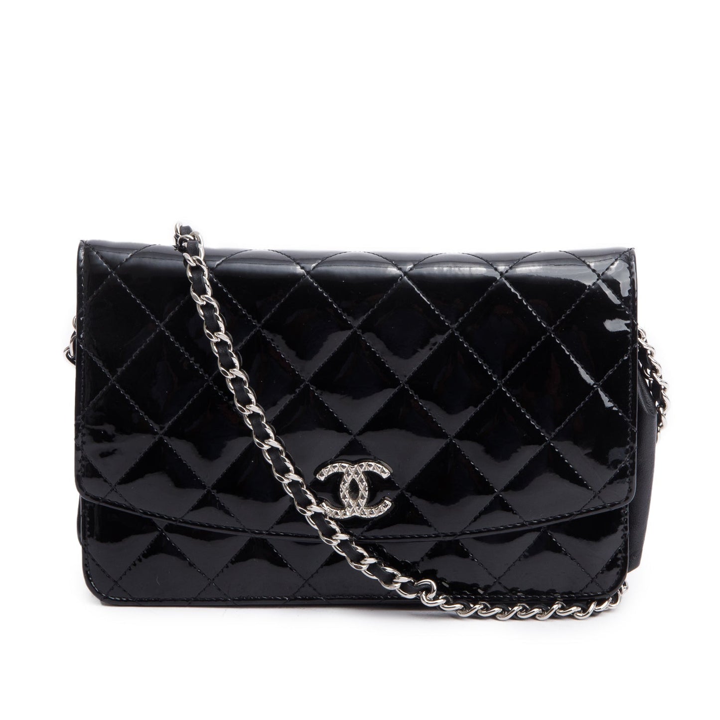 Chanel Black Quilted Patent Leather Classic Wallet on Chain