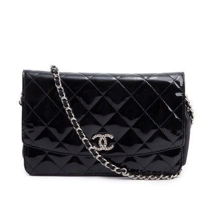 Chanel Black Quilted Patent Leather Classic Wallet on Chain