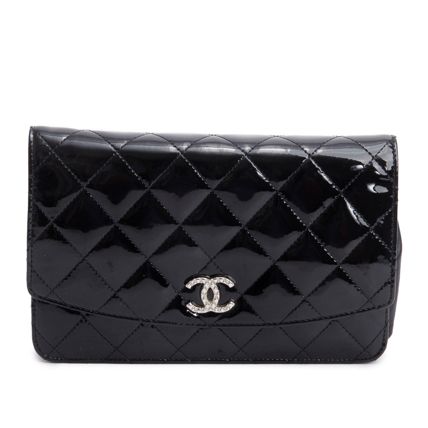 Chanel Black Quilted Patent Leather Classic Wallet on Chain