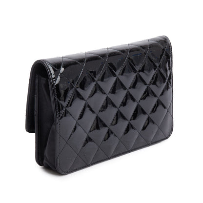Chanel Black Quilted Patent Leather Classic Wallet on Chain