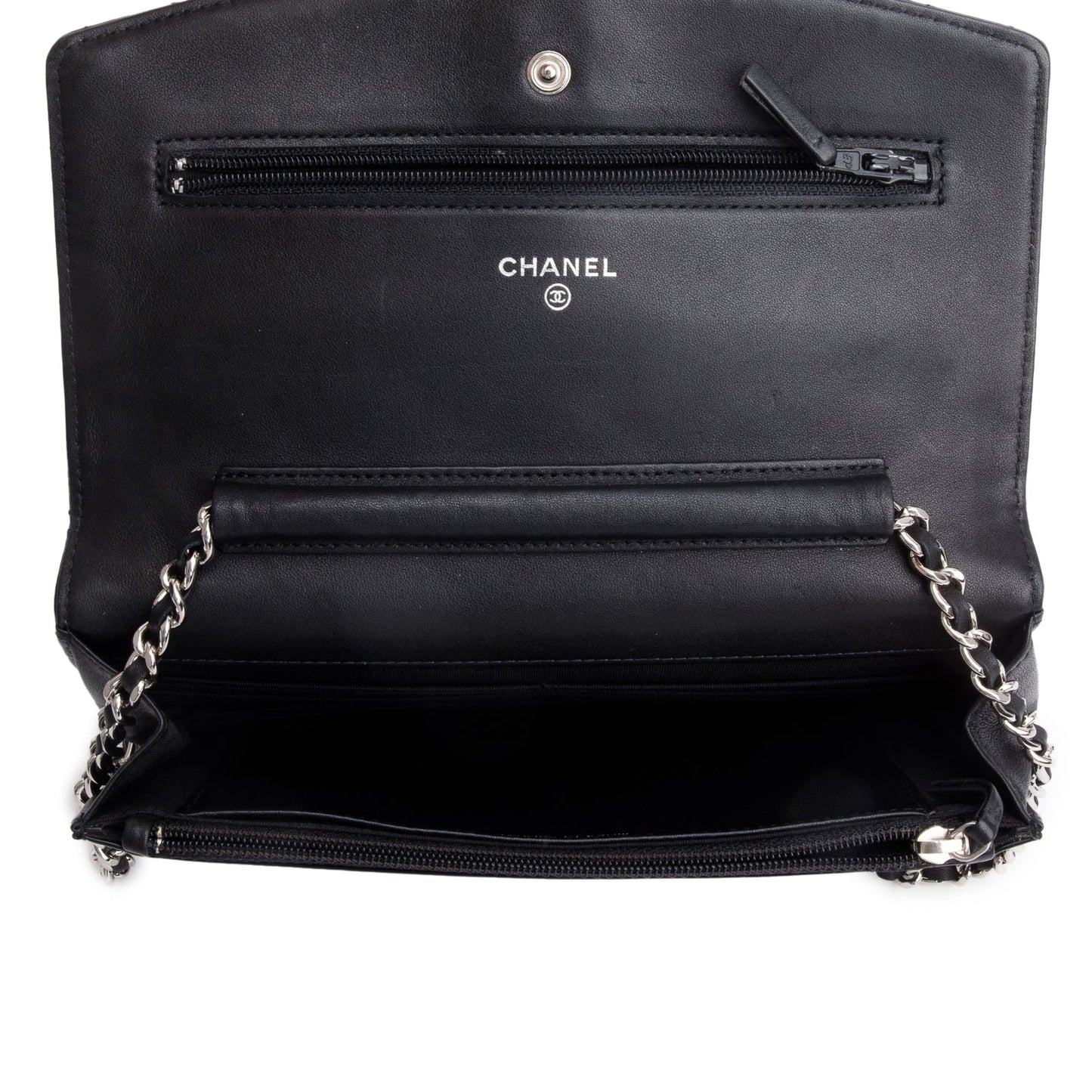 Chanel Black Quilted Patent Leather Classic Wallet on Chain