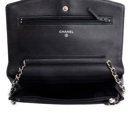 Chanel Black Quilted Patent Leather Classic Wallet on Chain