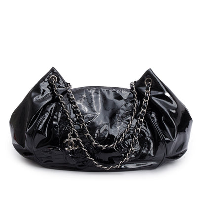 Chanel Black Patent Leather Tweed Petals Accordion Tote