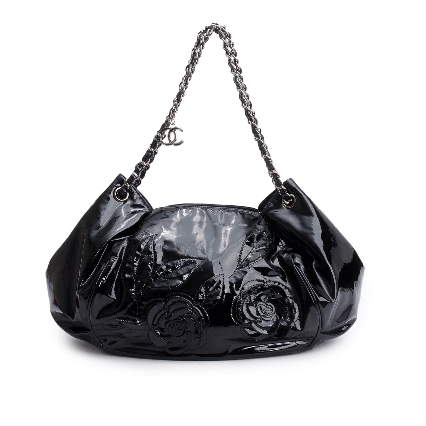 Chanel Black Patent Leather Tweed Petals Accordion Tote