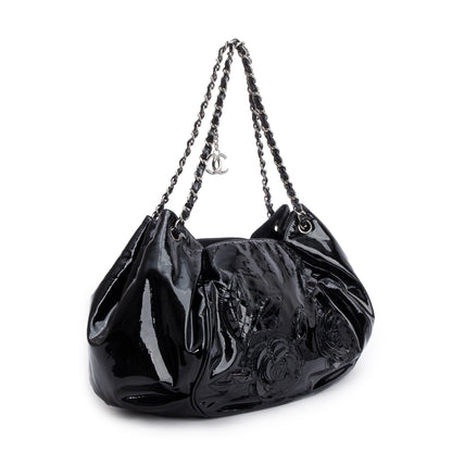 Chanel Black Patent Leather Tweed Petals Accordion Tote