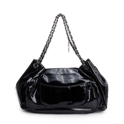 Chanel Black Patent Leather Tweed Petals Accordion Tote