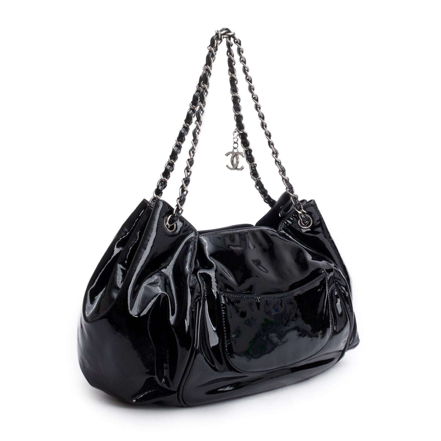 Chanel Black Patent Leather Tweed Petals Accordion Tote