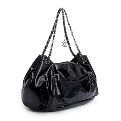 Chanel Black Patent Leather Tweed Petals Accordion Tote