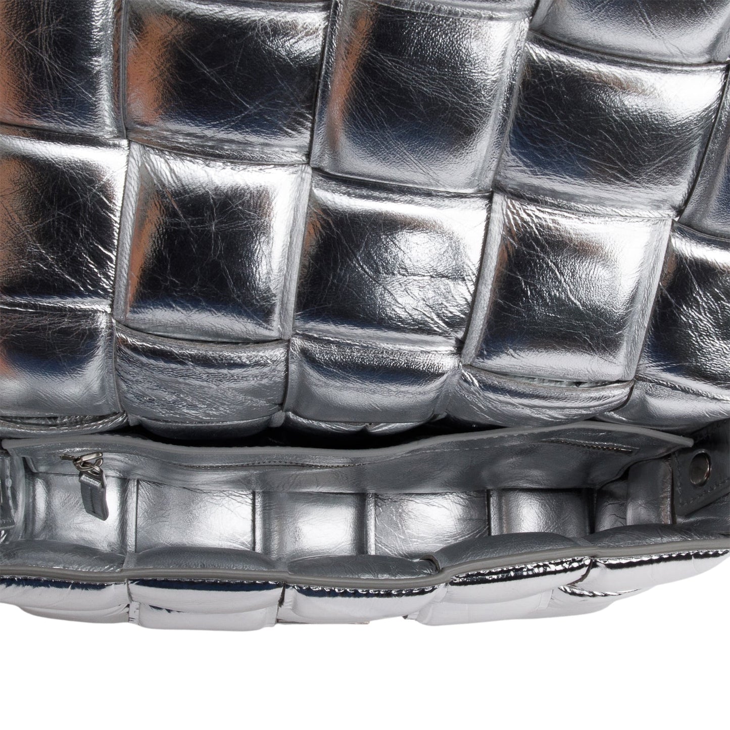 Bottega Veneta Silver Metallic Nappa Intrecciato Padded Chain Cassette Bag