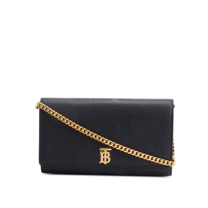 Burberry Black Calfskin Leather TB Hanna Wallet on Chain