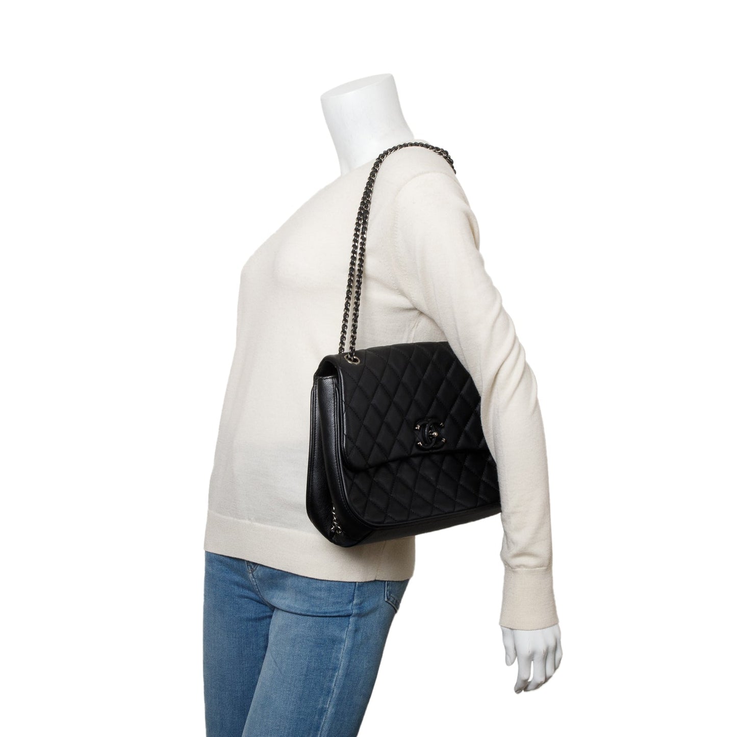 Chanel Black Quilted Calfskin Leather Large Frame In Chain Flap Bag