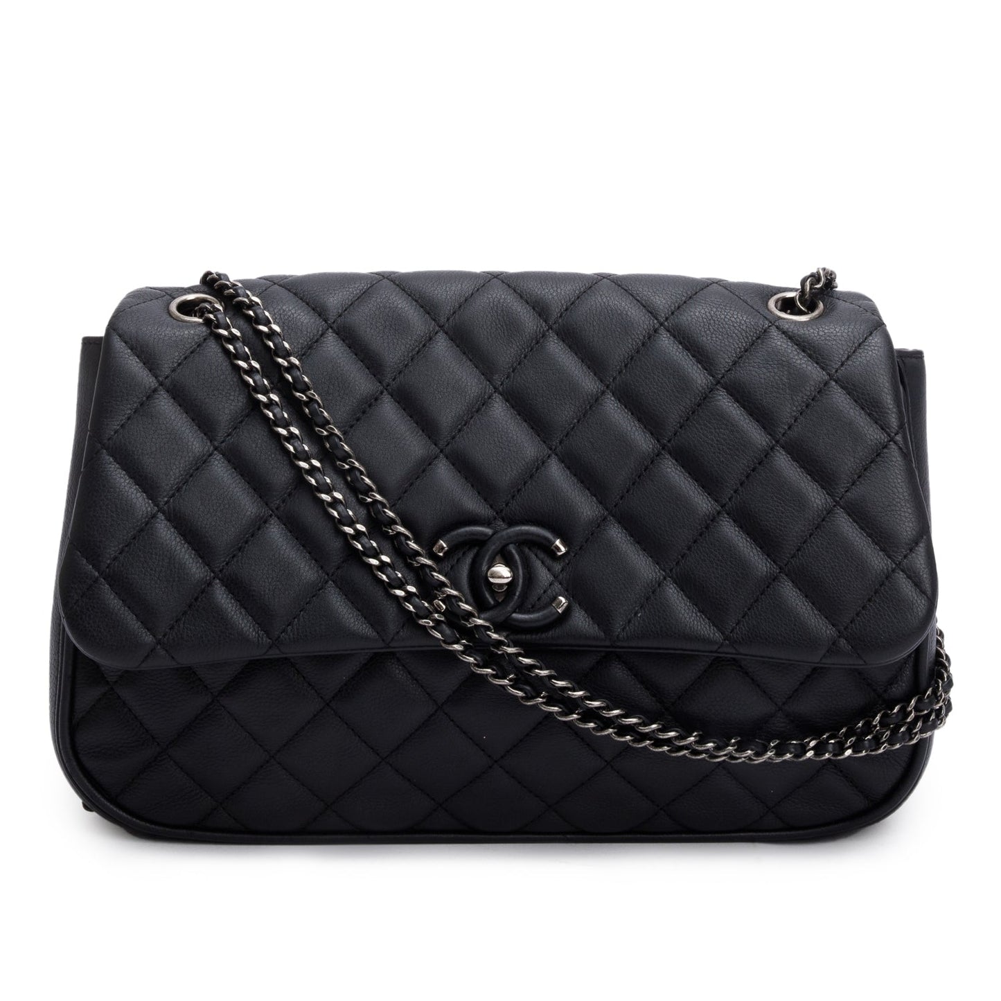 Chanel Black Quilted Calfskin Leather Large Frame In Chain Flap Bag