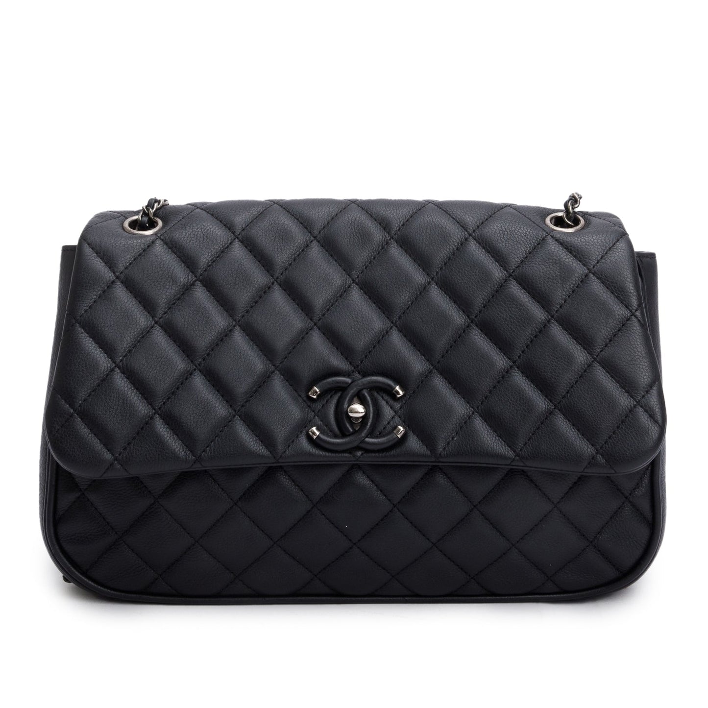 Chanel Black Quilted Calfskin Leather Large Frame In Chain Flap Bag