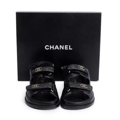 Chanel Black Caviar Leather Interlocking CC Logo Sandals, Size 36.5