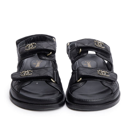 Chanel Black Caviar Leather Interlocking CC Logo Sandals, Size 36.5