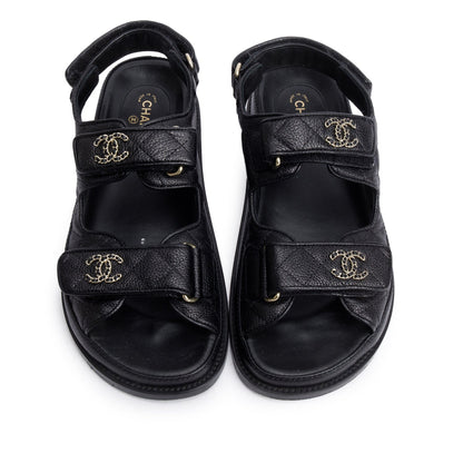 Chanel Black Caviar Leather Interlocking CC Logo Sandals, Size 36.5