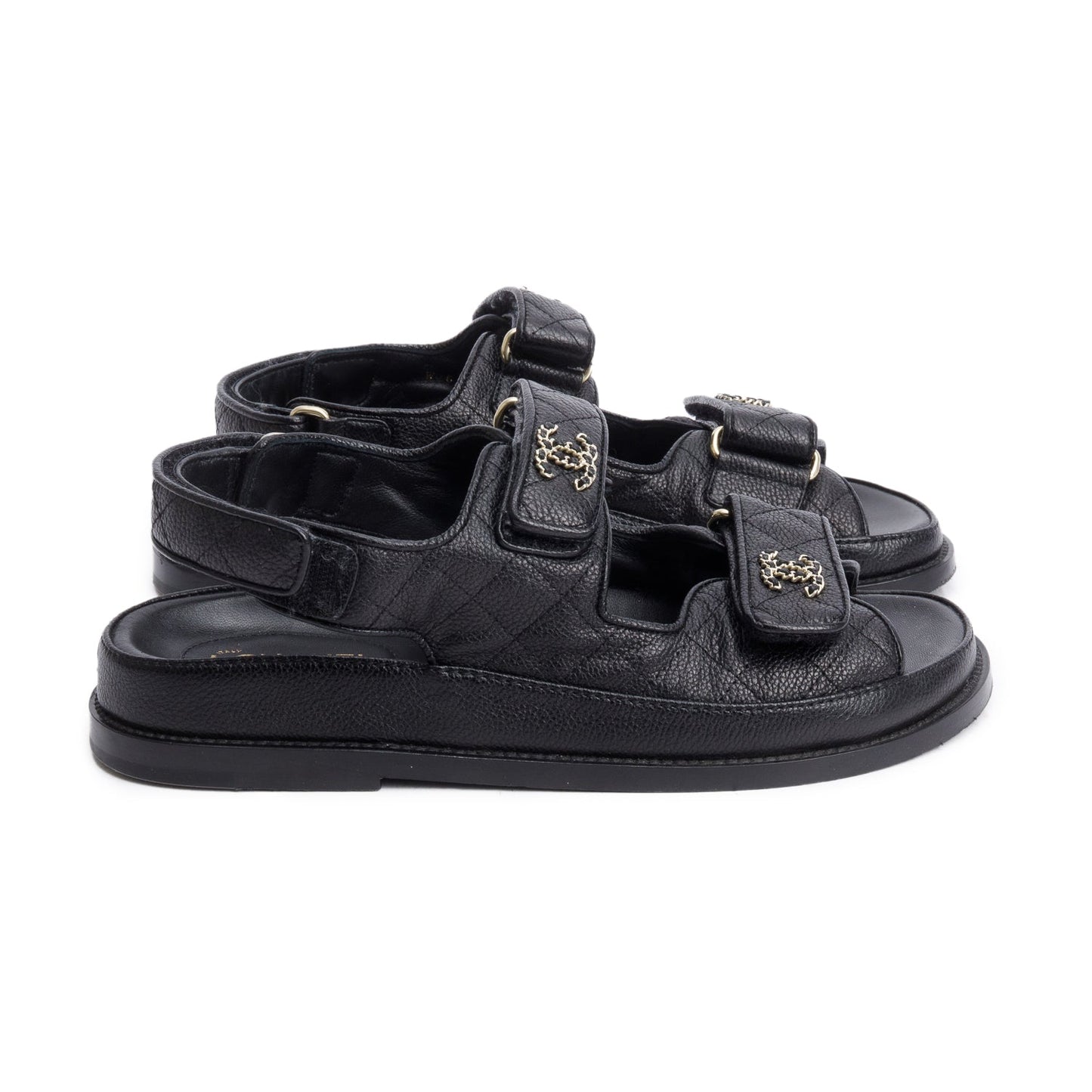 Chanel Black Caviar Leather Interlocking CC Logo Sandals, Size 36.5