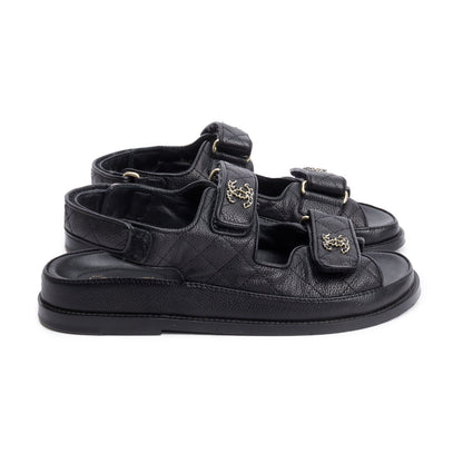 Chanel Black Caviar Leather Interlocking CC Logo Sandals, Size 36.5