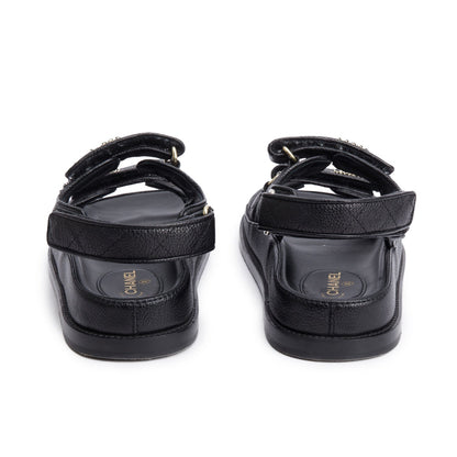 Chanel Black Caviar Leather Interlocking CC Logo Sandals, Size 36.5