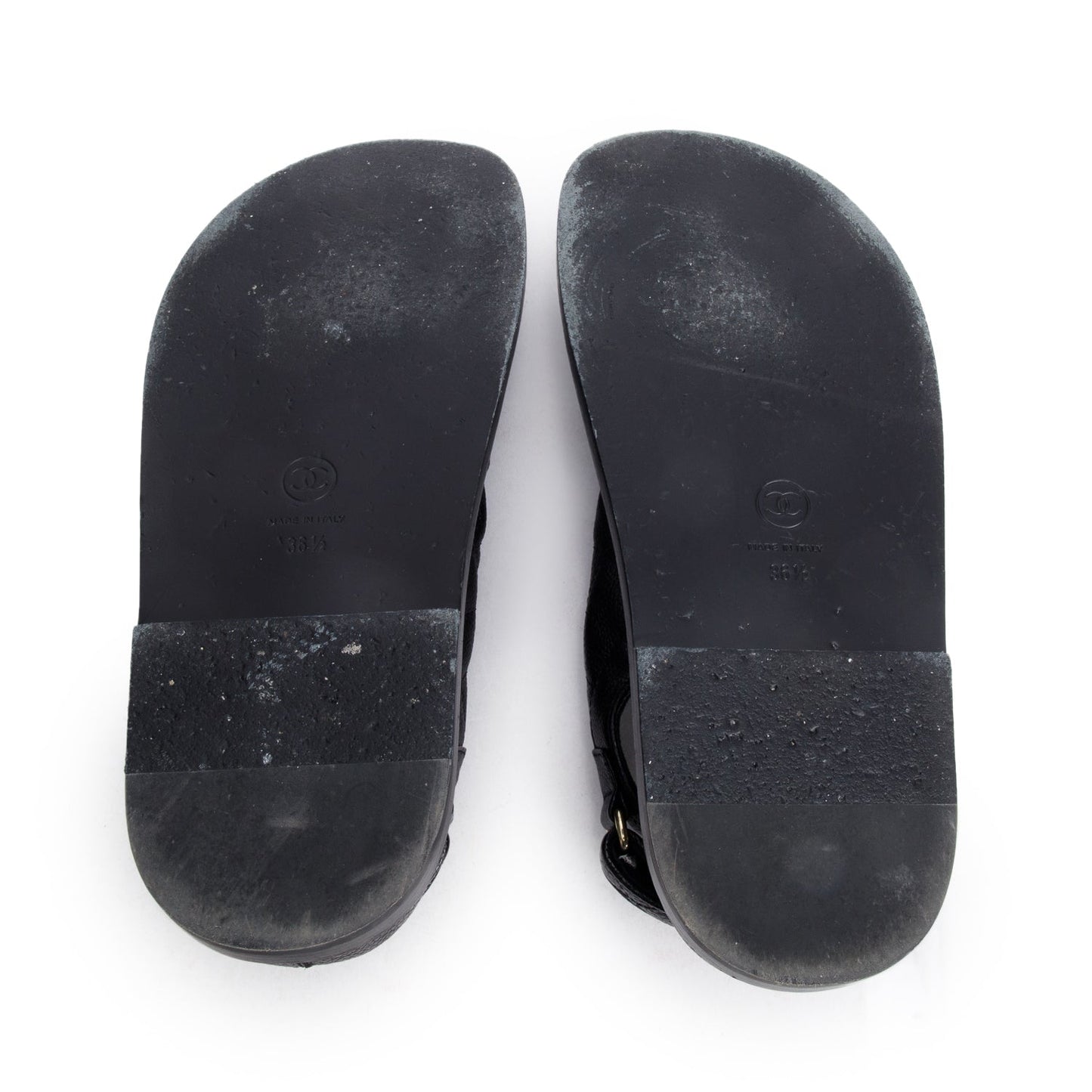 Chanel Black Caviar Leather Interlocking CC Logo Sandals, Size 36.5