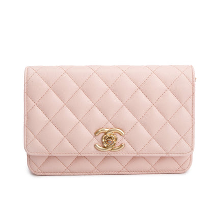 Chanel 2024 Pink Quilted Caviar Leather Camellia Classic Wallet on Chain