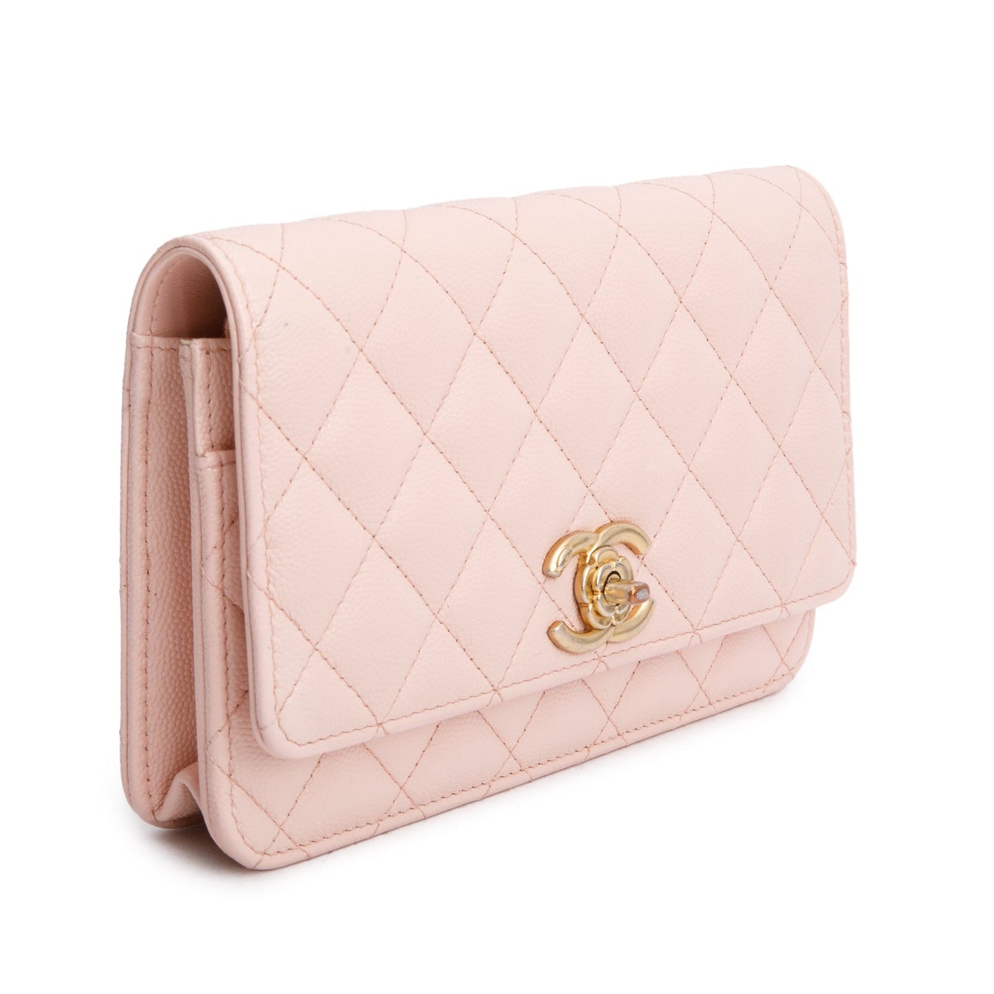 Chanel 2024 Pink Quilted Caviar Leather Camellia Classic Wallet on Chain