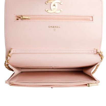 Chanel 2024 Pink Quilted Caviar Leather Camellia Classic Wallet on Chain