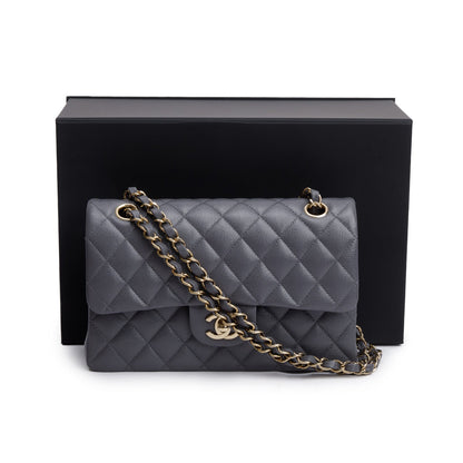 Chanel 2024 Grey Quilted Caviar Leather Classic Small Double Flap Bag
