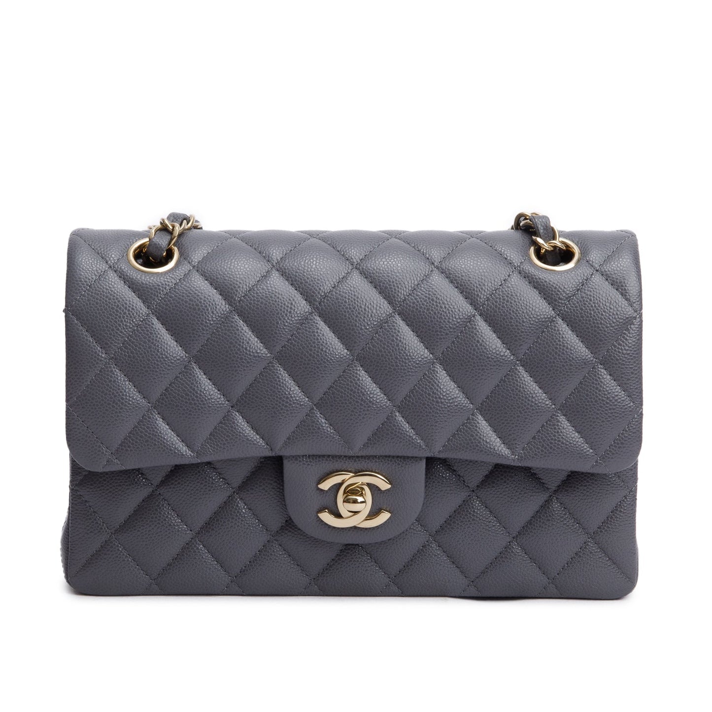 Chanel 2024 Grey Quilted Caviar Leather Classic Small Double Flap Bag