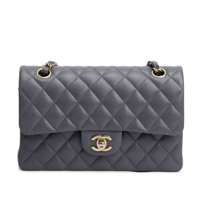 Chanel 2024 Grey Quilted Caviar Leather Classic Small Double Flap Bag