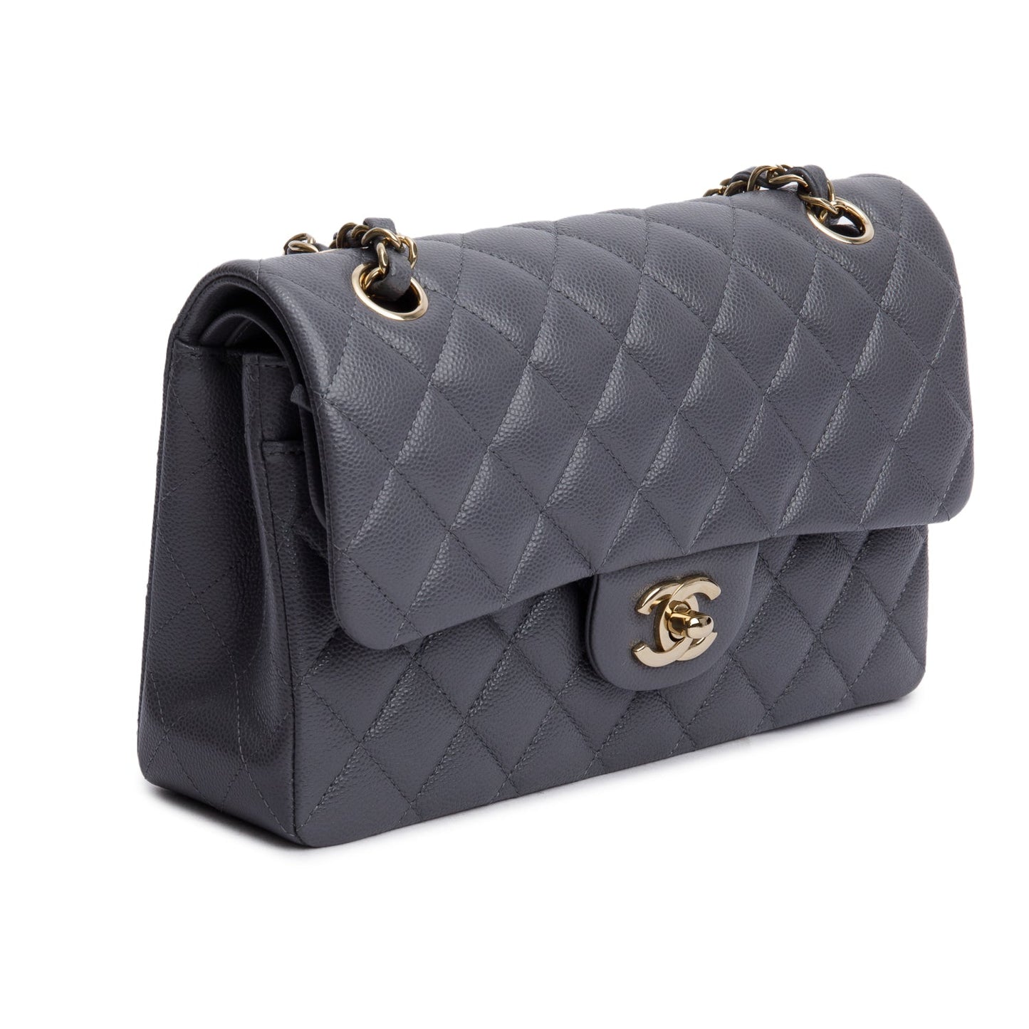 Chanel 2024 Grey Quilted Caviar Leather Classic Small Double Flap Bag