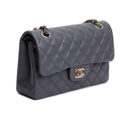 Chanel 2024 Grey Quilted Caviar Leather Classic Small Double Flap Bag