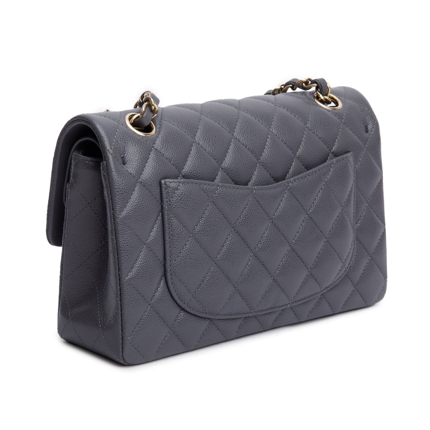 Chanel 2024 Grey Quilted Caviar Leather Classic Small Double Flap Bag