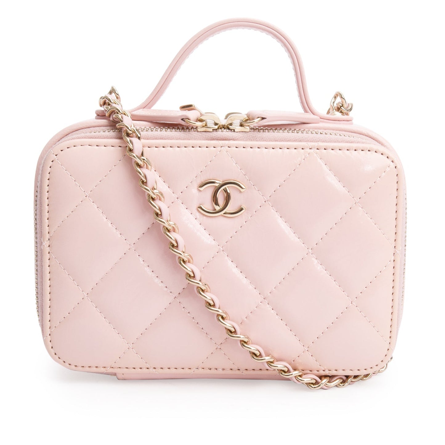 Chanel Pink Quilted Glazed Calfskin Leather Mini Double Zip CC Vanity Case