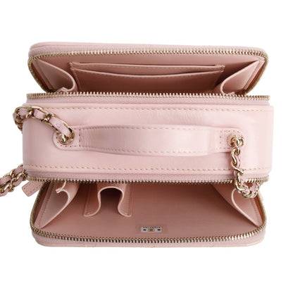 Chanel Pink Quilted Glazed Calfskin Leather Mini Double Zip CC Vanity Case