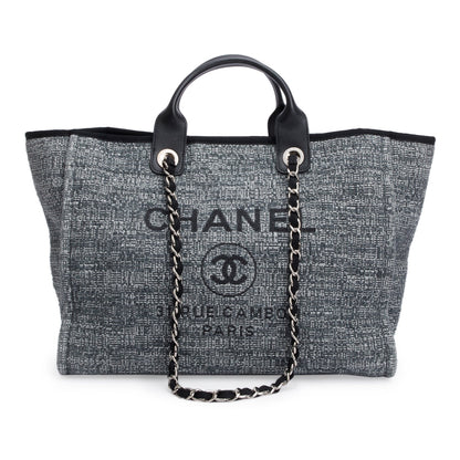 Chanel Grey Canvas Black Calfskin Leather Trim Medium Deauville Shopping Tote