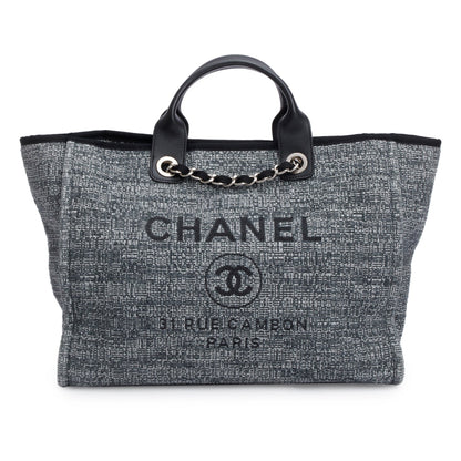 Chanel Grey Canvas Black Calfskin Leather Trim Medium Deauville Shopping Tote
