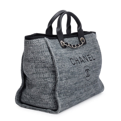 Chanel Grey Canvas Black Calfskin Leather Trim Medium Deauville Shopping Tote