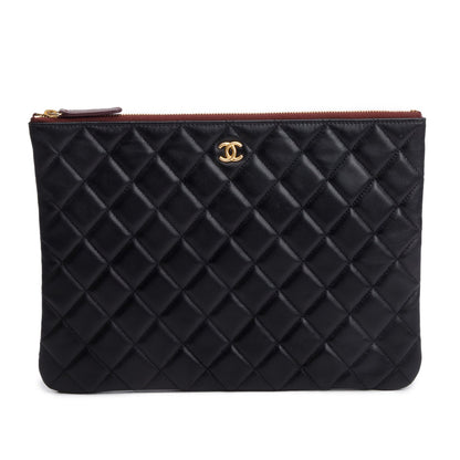 Chanel Black Quilted Lambskin Leather Medium O-Case Clutch w /Authenticity Card