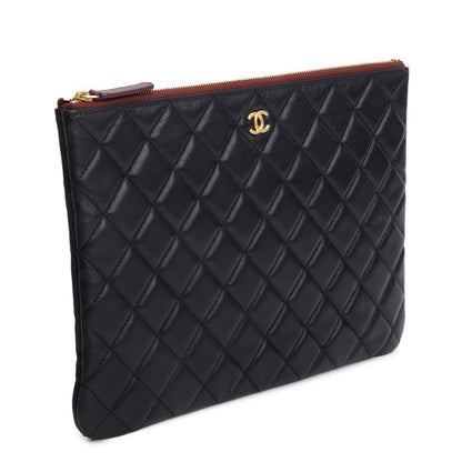 Chanel Black Quilted Lambskin Leather Medium O-Case Clutch w /Authenticity Card