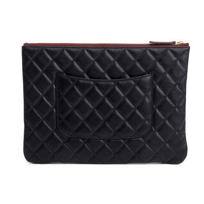 Chanel Black Quilted Lambskin Leather Medium O-Case Clutch w /Authenticity Card