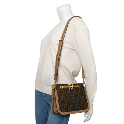 Fendi 2021 Brown FF Zucca Canvas Tan Leather Trim Medium Touch Shoulder Bag