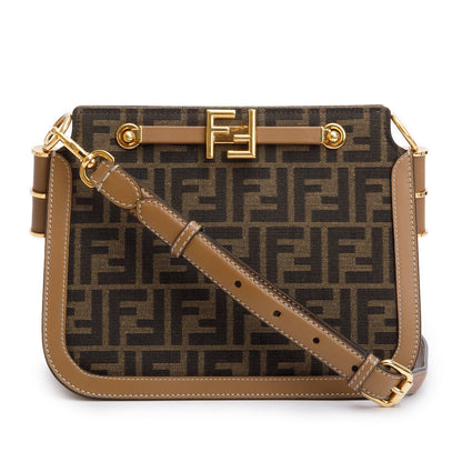 Fendi 2021 Brown FF Zucca Canvas Tan Leather Trim Medium Touch Shoulder Bag