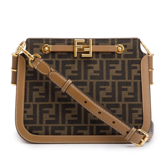 Fendi 2021 Brown FF Zucca Canvas Tan Leather Trim Medium Touch Shoulder Bag