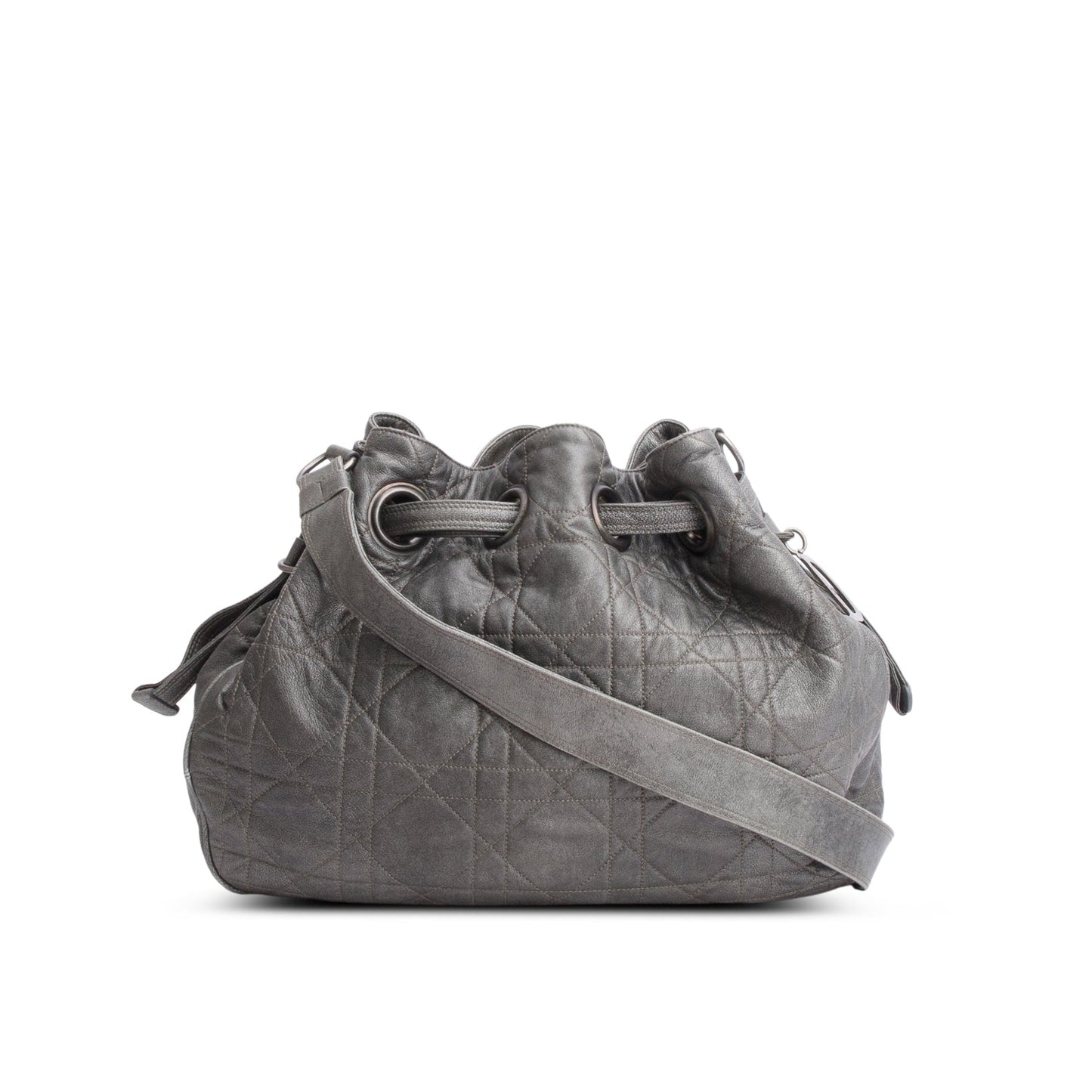 Christian Dior Silver Cannage Quilted Leather Drawstring Tote Bag