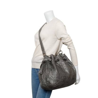 Christian Dior Silver Cannage Quilted Leather Drawstring Tote Bag
